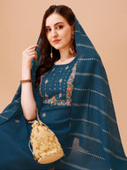 Hand Embroidered Kurta With Pant & Dupatta, Multicolor - Hiral Fashion | Grocsy