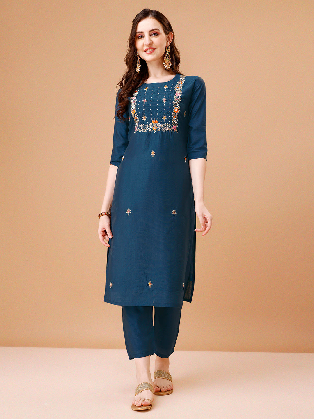 Hand Embroidered Kurta With Pant & Dupatta, Multicolor - Hiral Fashion | Grocsy