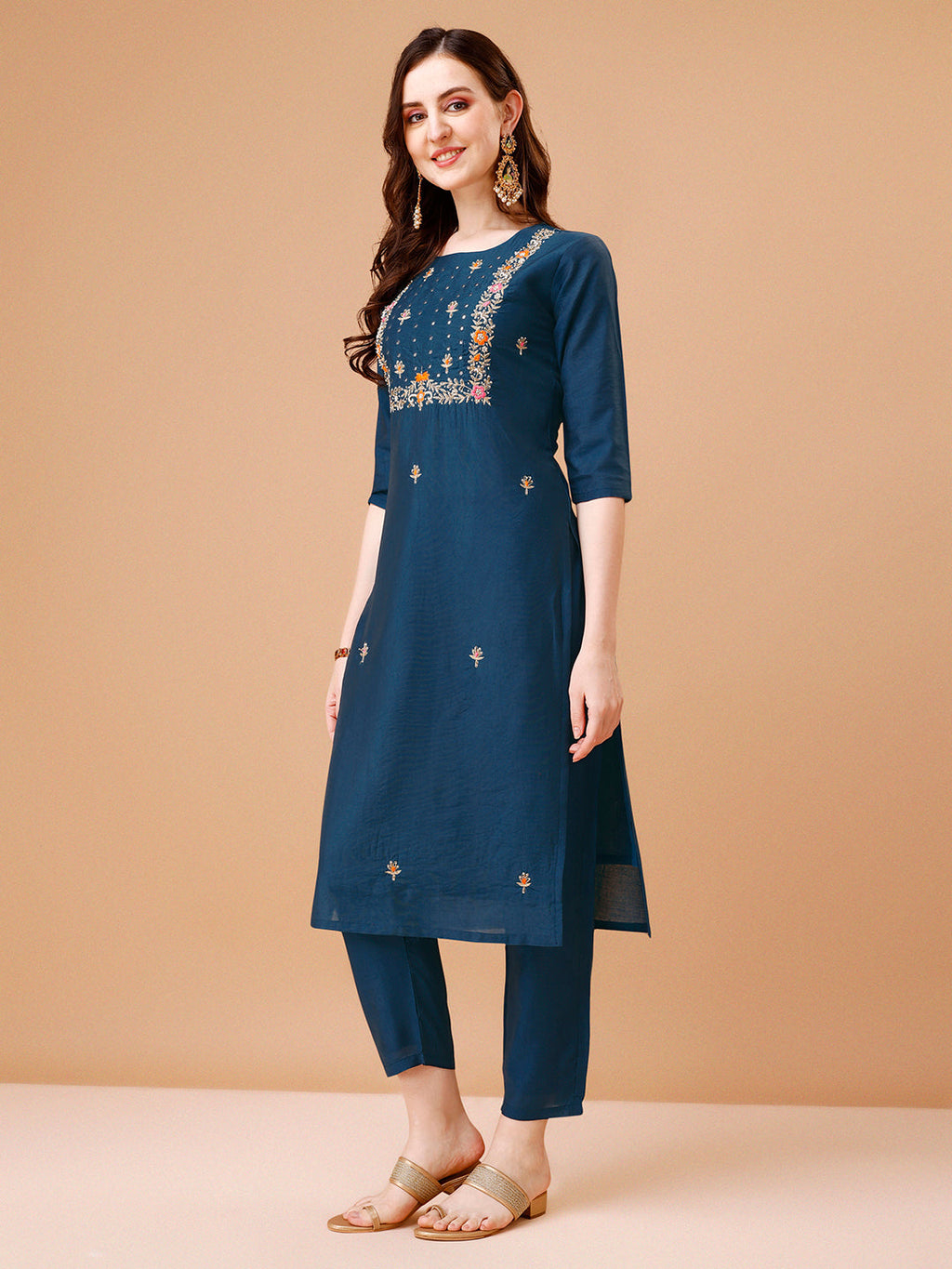 Hand Embroidered Kurta With Pant & Dupatta, Multicolor - Hiral Fashion | Grocsy