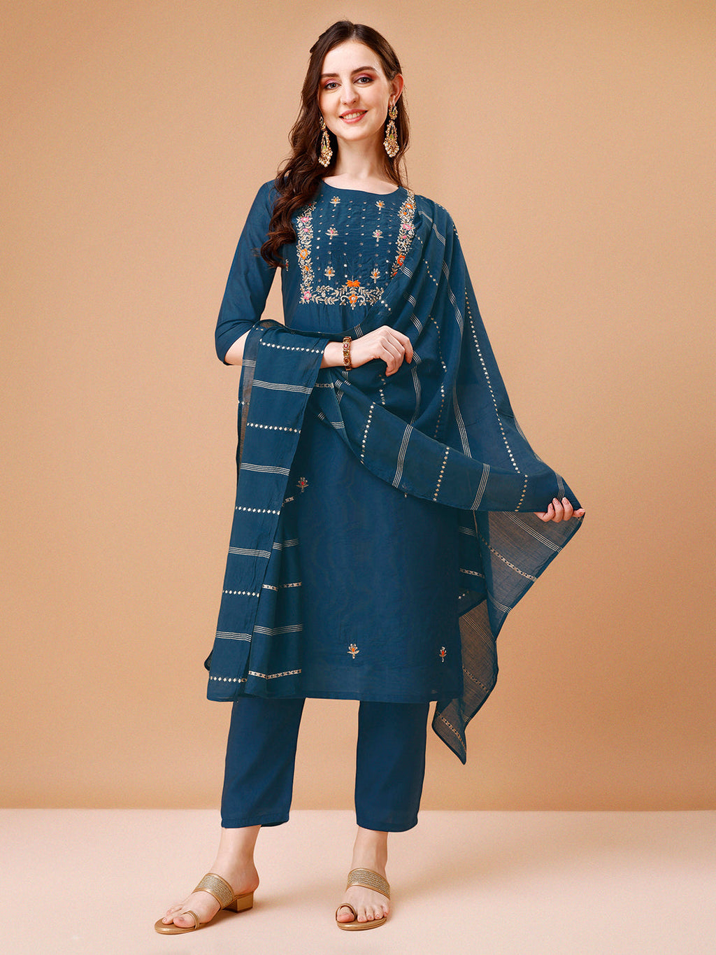 Hand Embroidered Kurta With Pant & Dupatta, Multicolor - Hiral Fashion | Grocsy