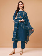Hand Embroidered Kurta With Pant & Dupatta, Multicolor - Hiral Fashion | Grocsy