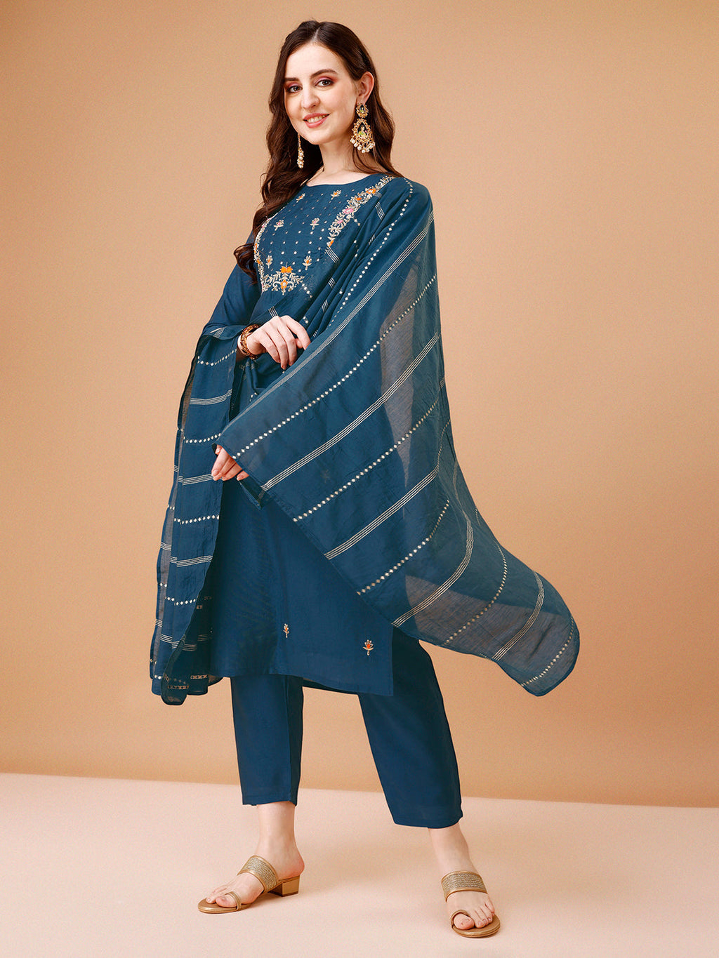 Hand Embroidered Kurta With Pant & Dupatta, Multicolor - Hiral Fashion | Grocsy