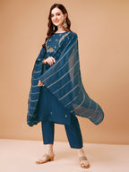 Hand Embroidered Kurta With Pant & Dupatta, Multicolor - Hiral Fashion | Grocsy