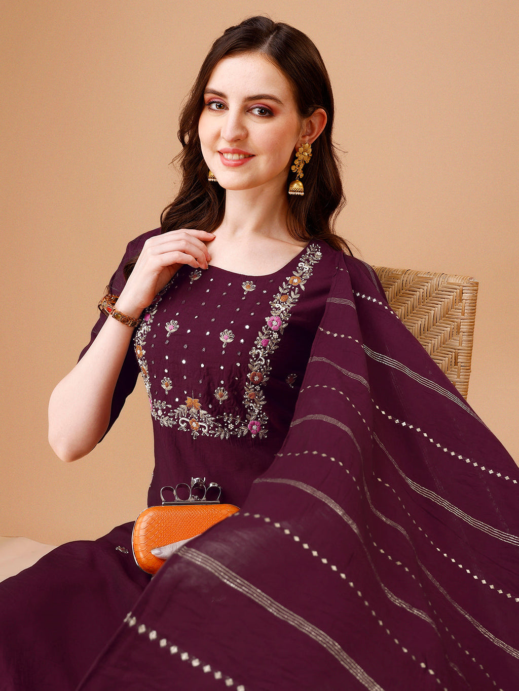 Hand Embroidered Kurta With Pant & Dupatta, Multicolor - Hiral Fashion | Grocsy