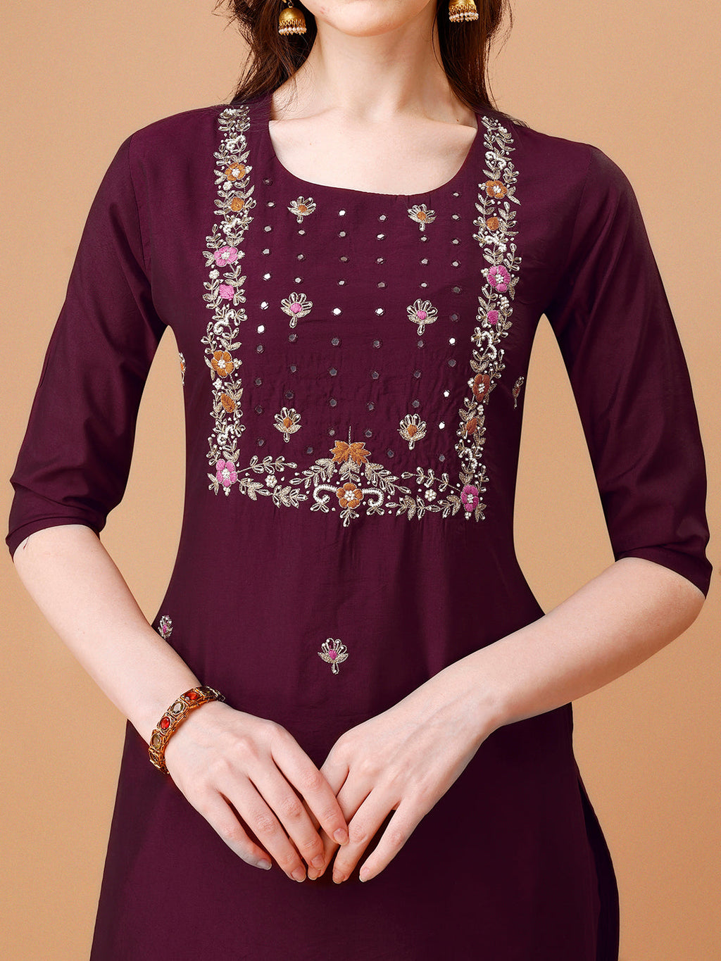 Hand Embroidered Kurta With Pant & Dupatta, Multicolor - Hiral Fashion | Grocsy