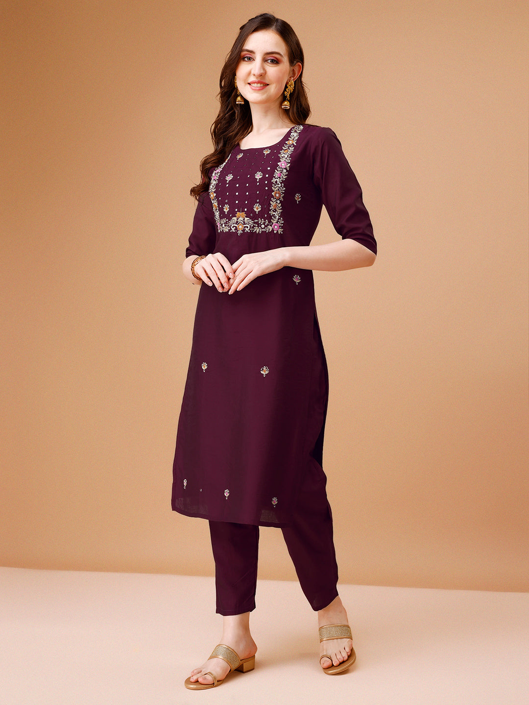 Hand Embroidered Kurta With Pant & Dupatta, Multicolor - Hiral Fashion | Grocsy