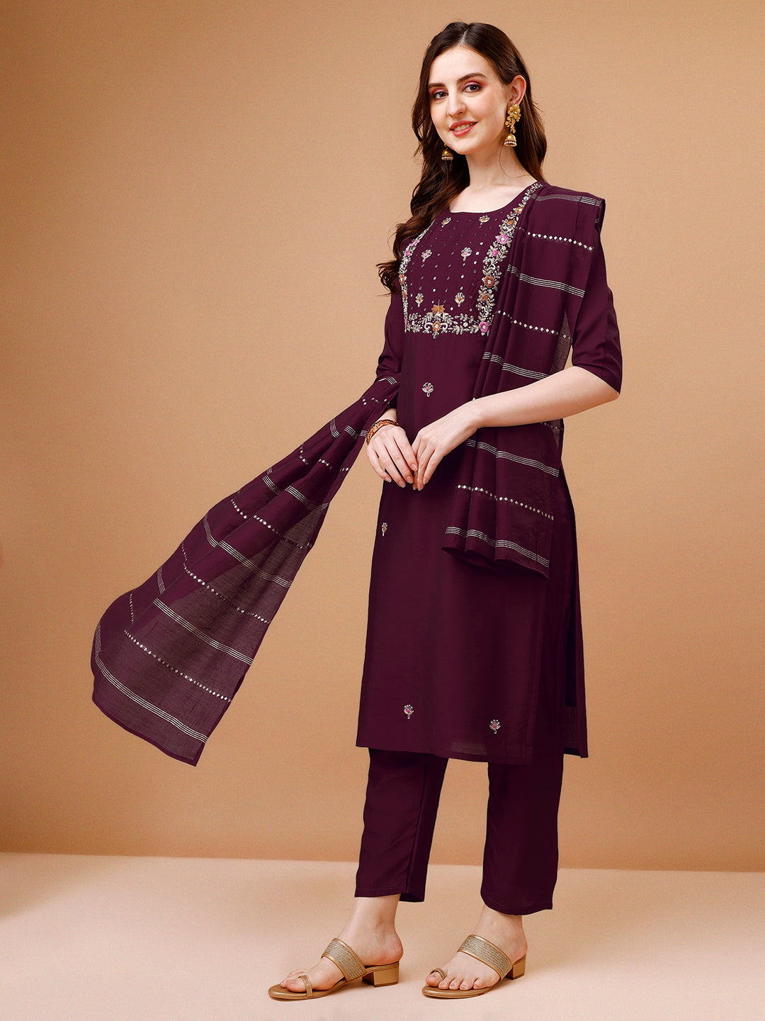Hand Embroidered Kurta With Pant & Dupatta, Multicolor - Hiral Fashion | Grocsy