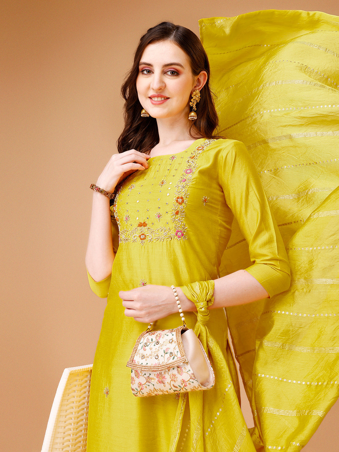 Hand Embroidered Kurta With Pant & Dupatta, Multicolor - Hiral Fashion | Grocsy