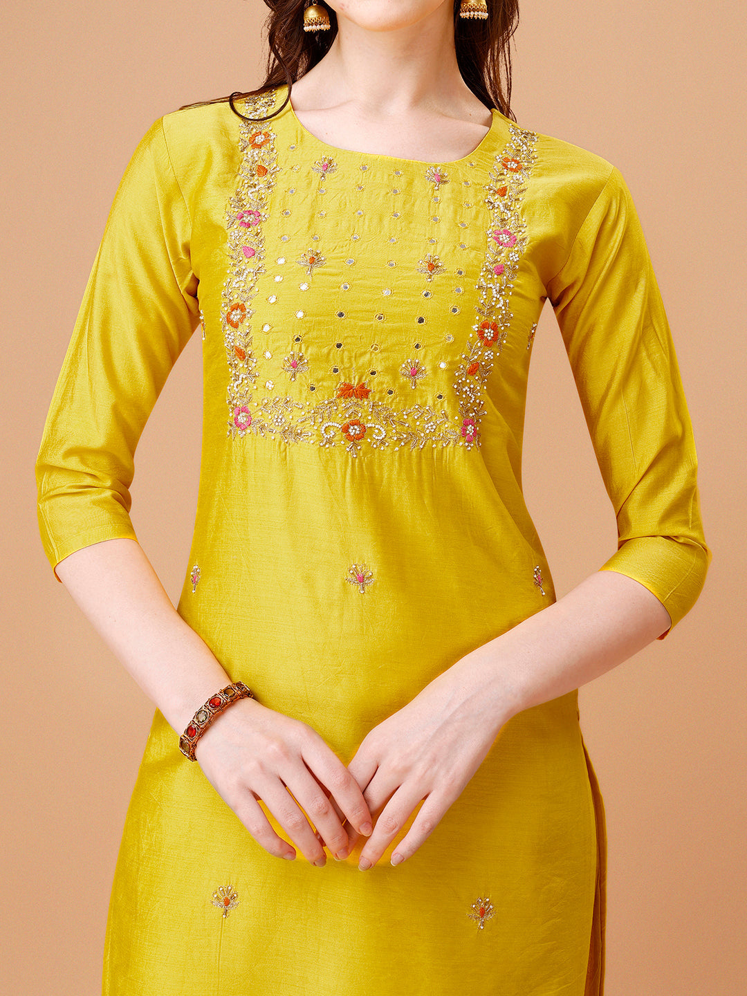 Hand Embroidered Kurta With Pant & Dupatta, Multicolor - Hiral Fashion | Grocsy