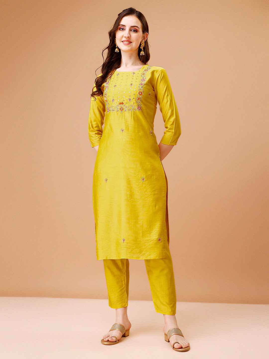 Hand Embroidered Kurta With Pant & Dupatta, Multicolor - Hiral Fashion | Grocsy