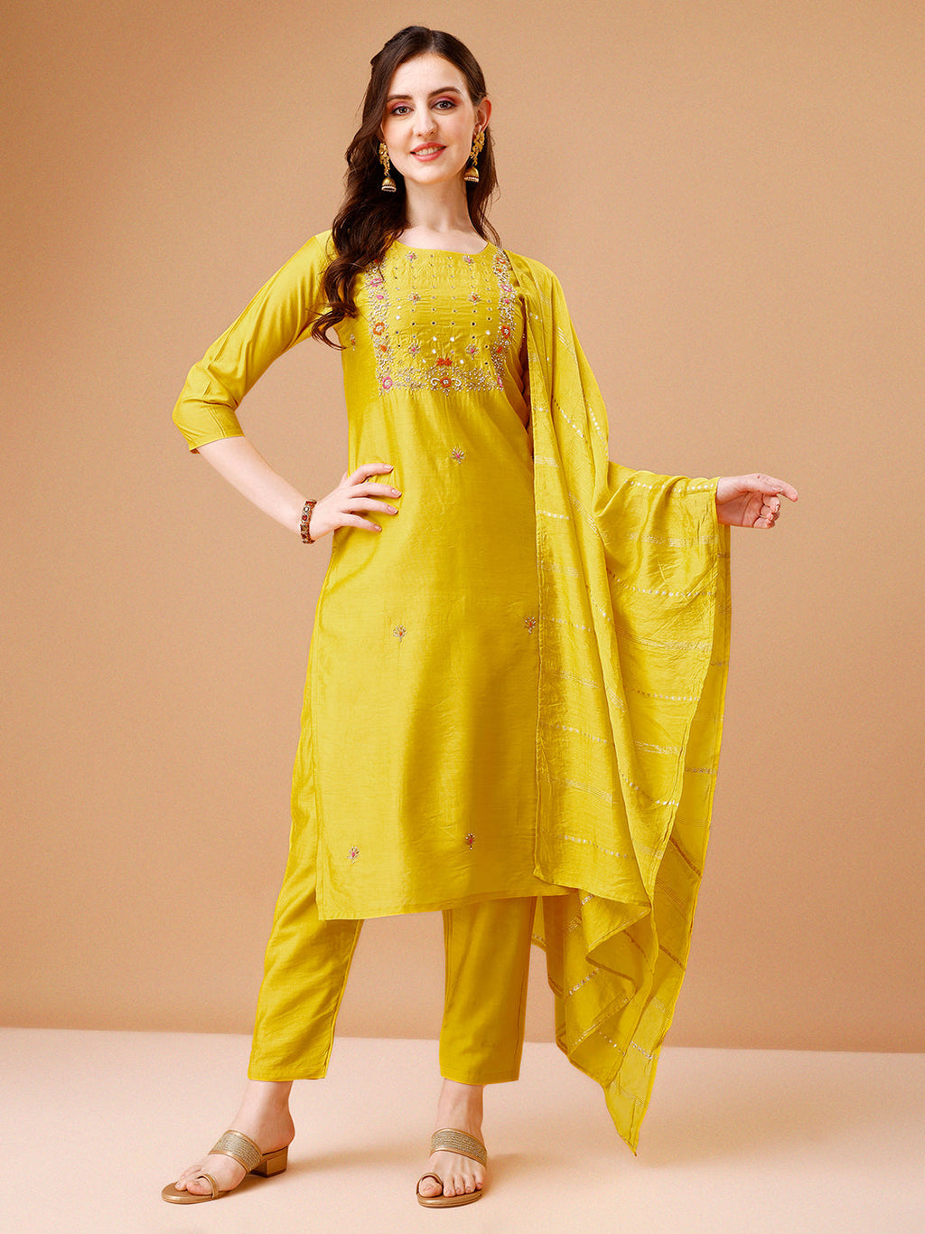 Hand Embroidered Kurta With Pant & Dupatta, Multicolor - Hiral Fashion | Grocsy