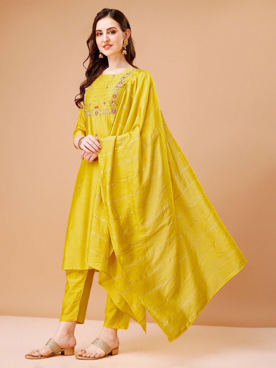 Hand Embroidered Kurta With Pant & Dupatta, Multicolor - Hiral Fashion | Grocsy