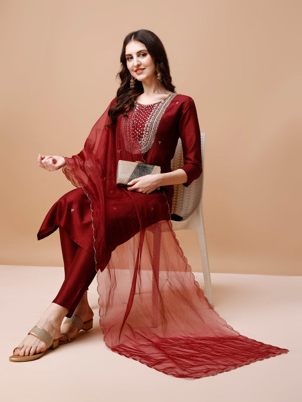 Hand Embroidered Kurta With Pant & Organza Dupatta, Multicolor - Hiral Fashion | Grocsy