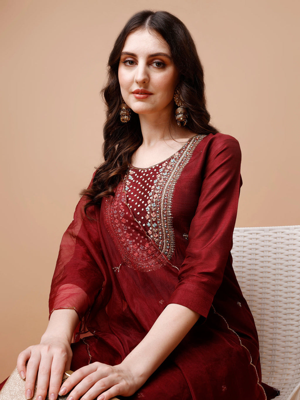Hand Embroidered Kurta With Pant & Organza Dupatta, Multicolor - Hiral Fashion | Grocsy