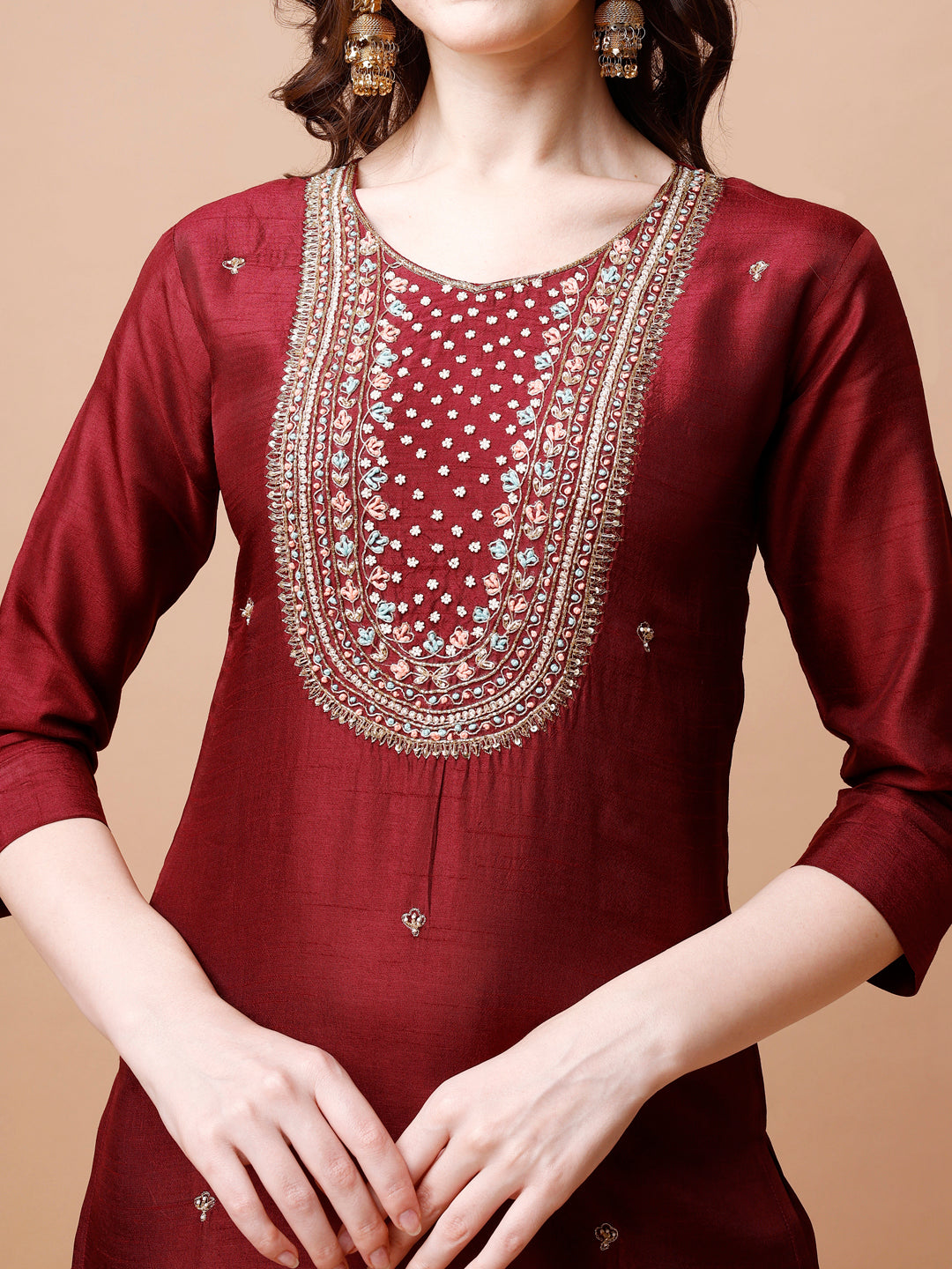 Hand Embroidered Kurta With Pant & Organza Dupatta, Multicolor - Hiral Fashion | Grocsy