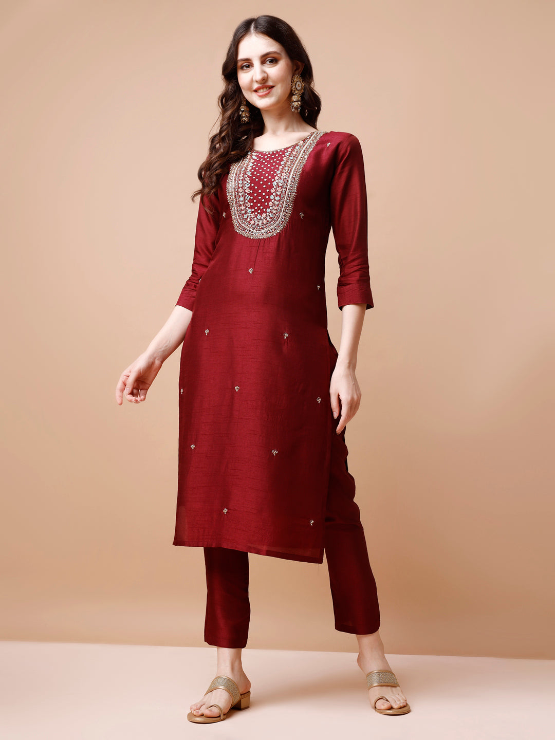 Hand Embroidered Kurta With Pant & Organza Dupatta, Multicolor - Hiral Fashion | Grocsy