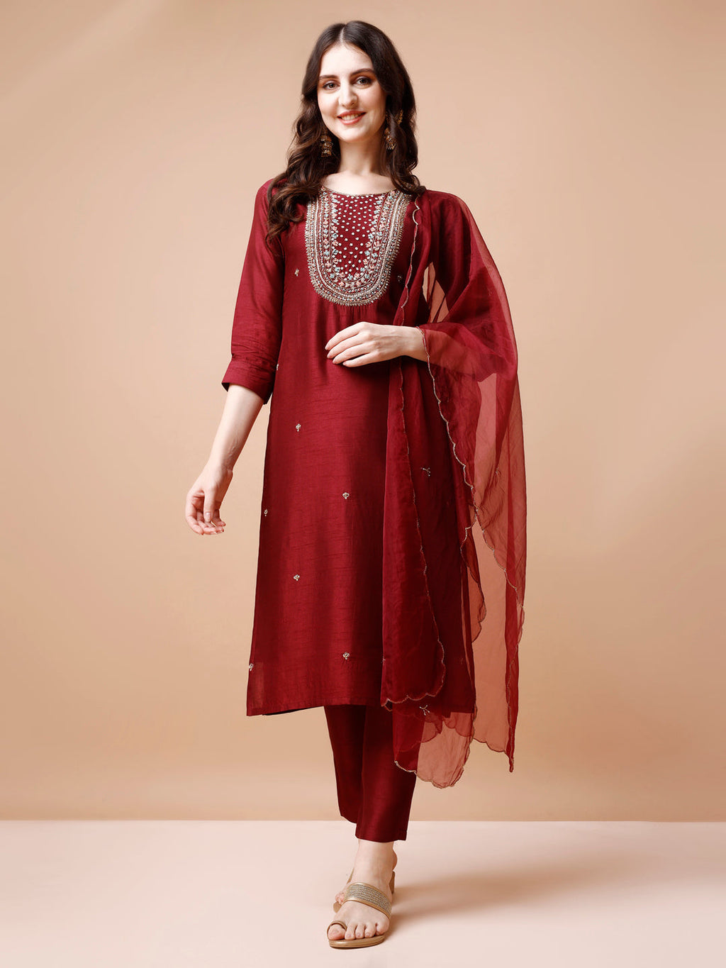 Hand Embroidered Kurta With Pant & Organza Dupatta, Multicolor - Hiral Fashion | Grocsy