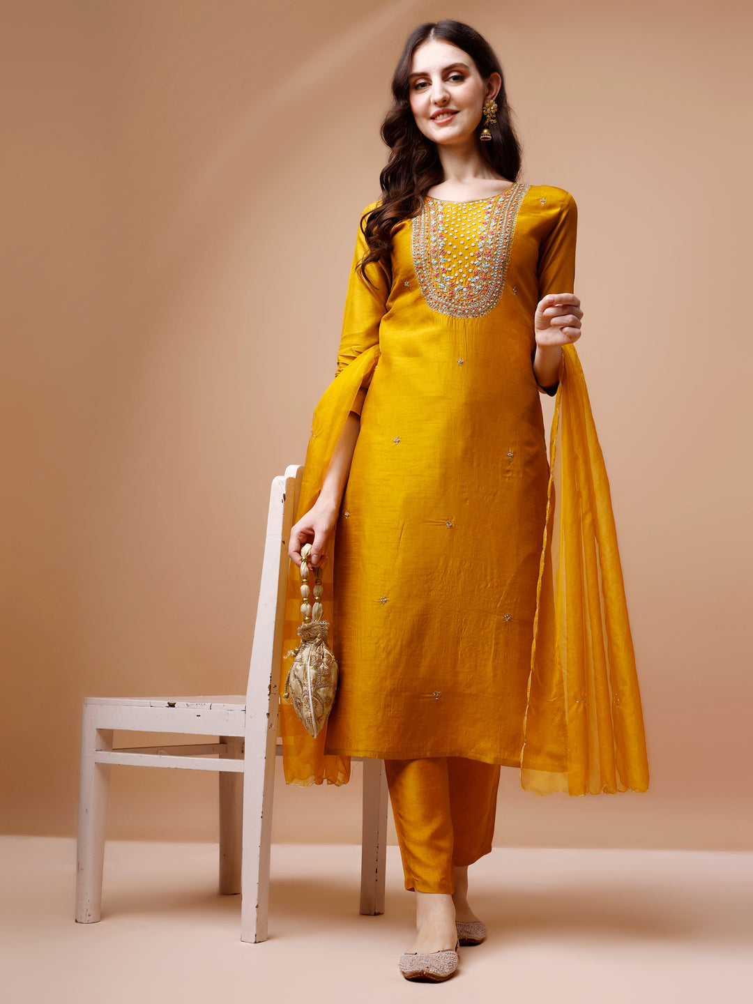 Hand Embroidered Kurta With Pant & Organza Dupatta, Multicolor - Hiral Fashion | Grocsy