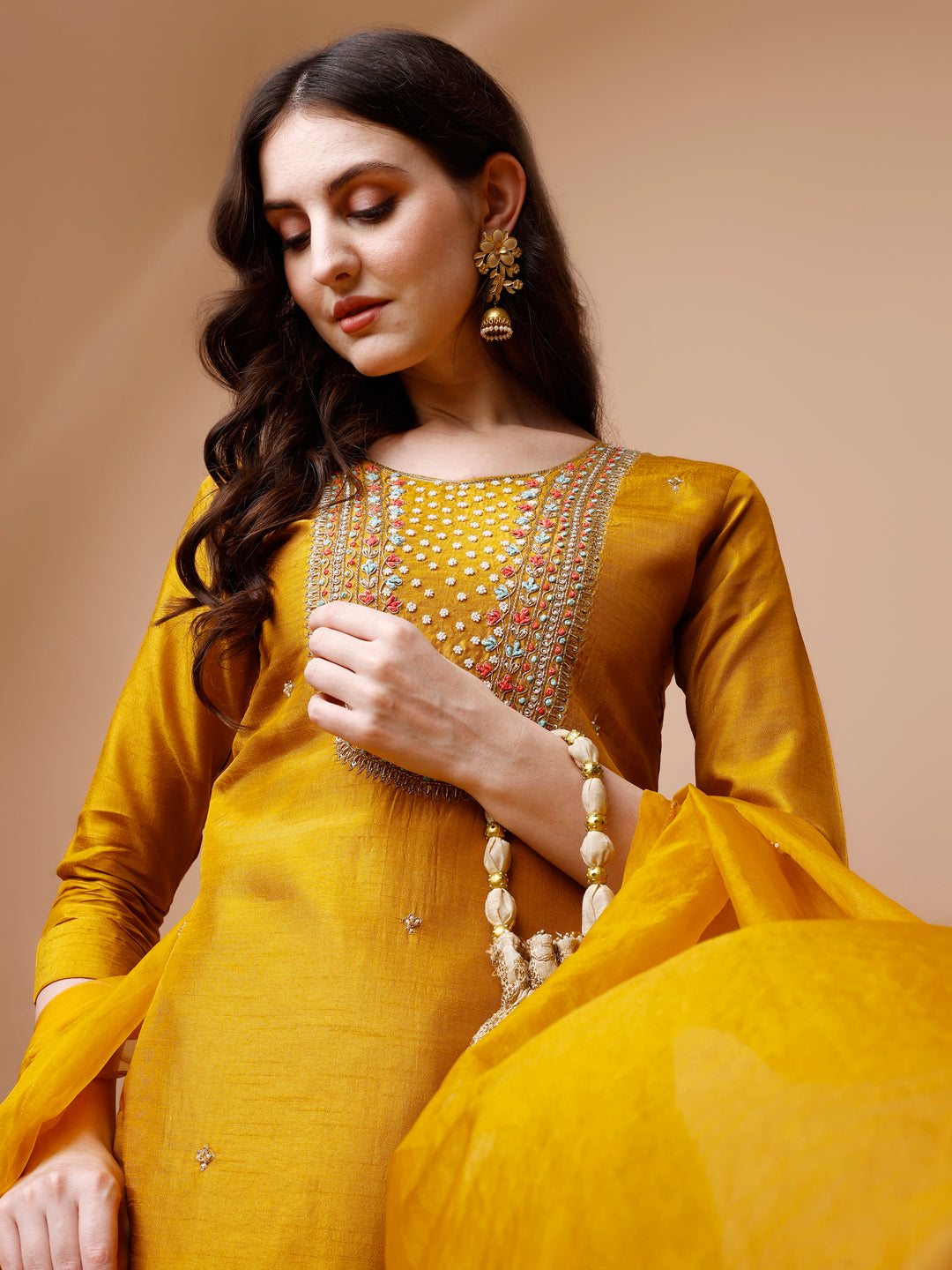 Hand Embroidered Kurta With Pant & Organza Dupatta, Multicolor - Hiral Fashion | Grocsy
