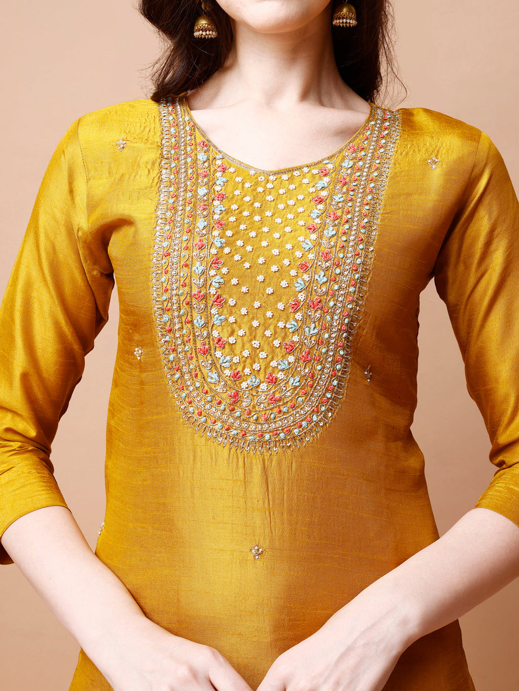 Hand Embroidered Kurta With Pant & Organza Dupatta, Multicolor - Hiral Fashion | Grocsy
