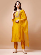 Hand Embroidered Kurta With Pant & Organza Dupatta, Multicolor - Hiral Fashion | Grocsy