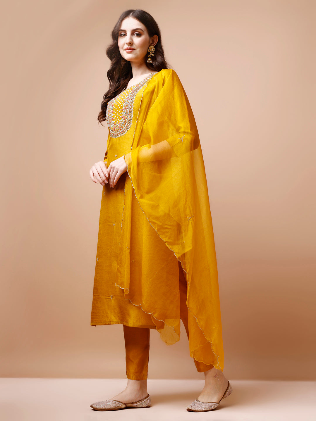 Hand Embroidered Kurta With Pant & Organza Dupatta, Multicolor - Hiral Fashion | Grocsy