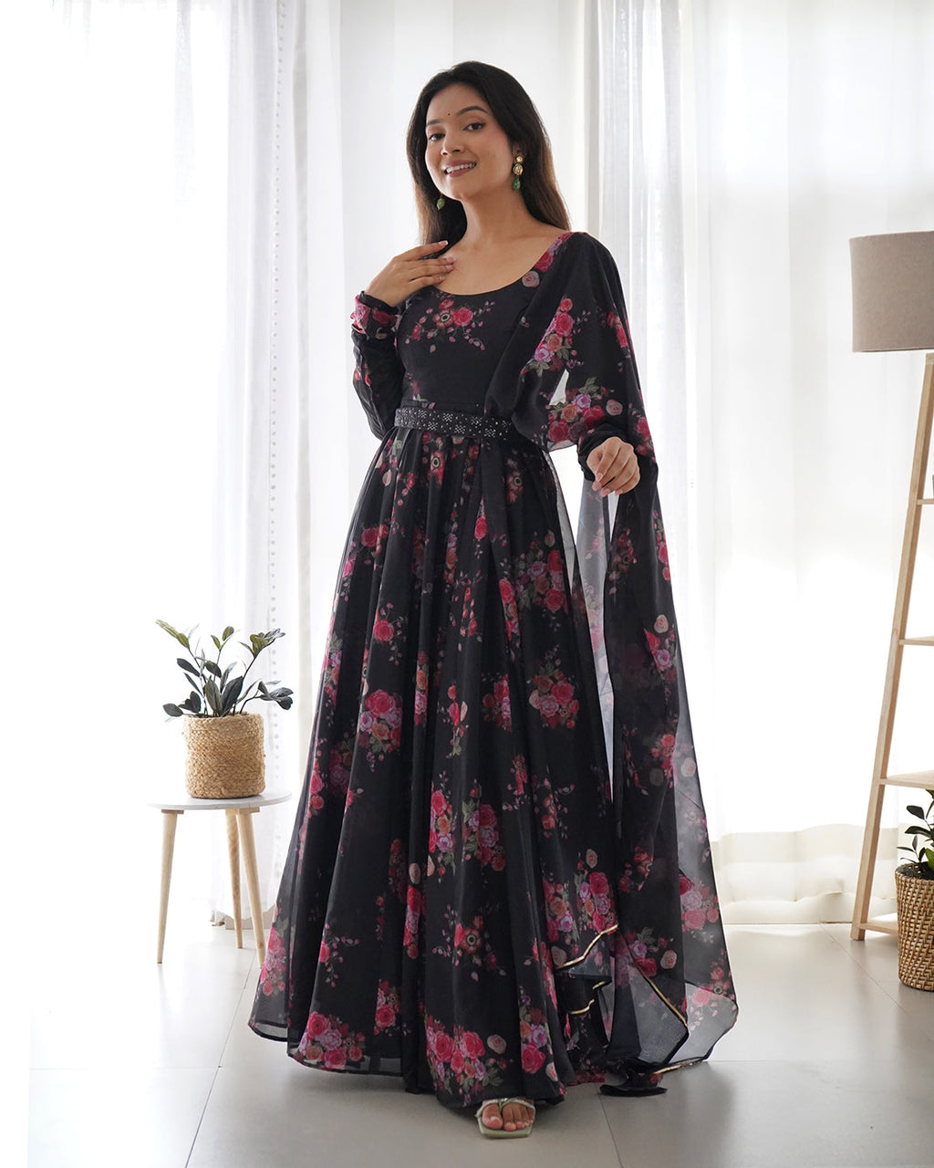 Lorenvalley Fashion Women Pure Soft Organza Silk Anarkali Kali Cut Gown With Pant Dupatta Set - Wine | Grocsy