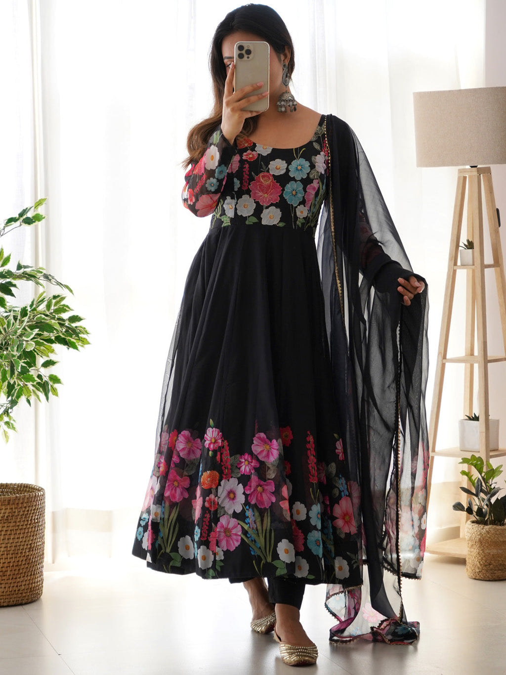 Evanik Black Soft Organza Silk With Floral Print Fully Flared Anarkali Pant With Dupatta Set | Grocsy