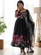 Evanik Black Soft Organza Silk With Floral Print Fully Flared Anarkali Pant With Dupatta Set | Grocsy