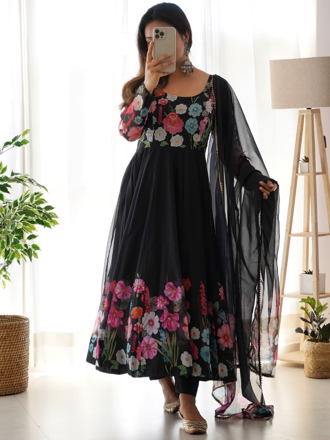 Evanik Black Soft Organza Silk With Floral Print Fully Flared Anarkali Pant With Dupatta Set | Grocsy