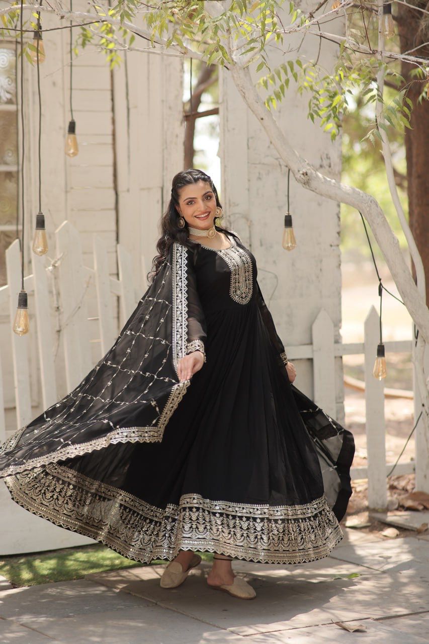 Evanik Black Faux Blooming Gown with Dupatta With Attractive Embroidered Sequins work | Grocsy