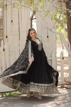 Evanik Black Faux Blooming Gown with Dupatta With Attractive Embroidered Sequins work | Grocsy