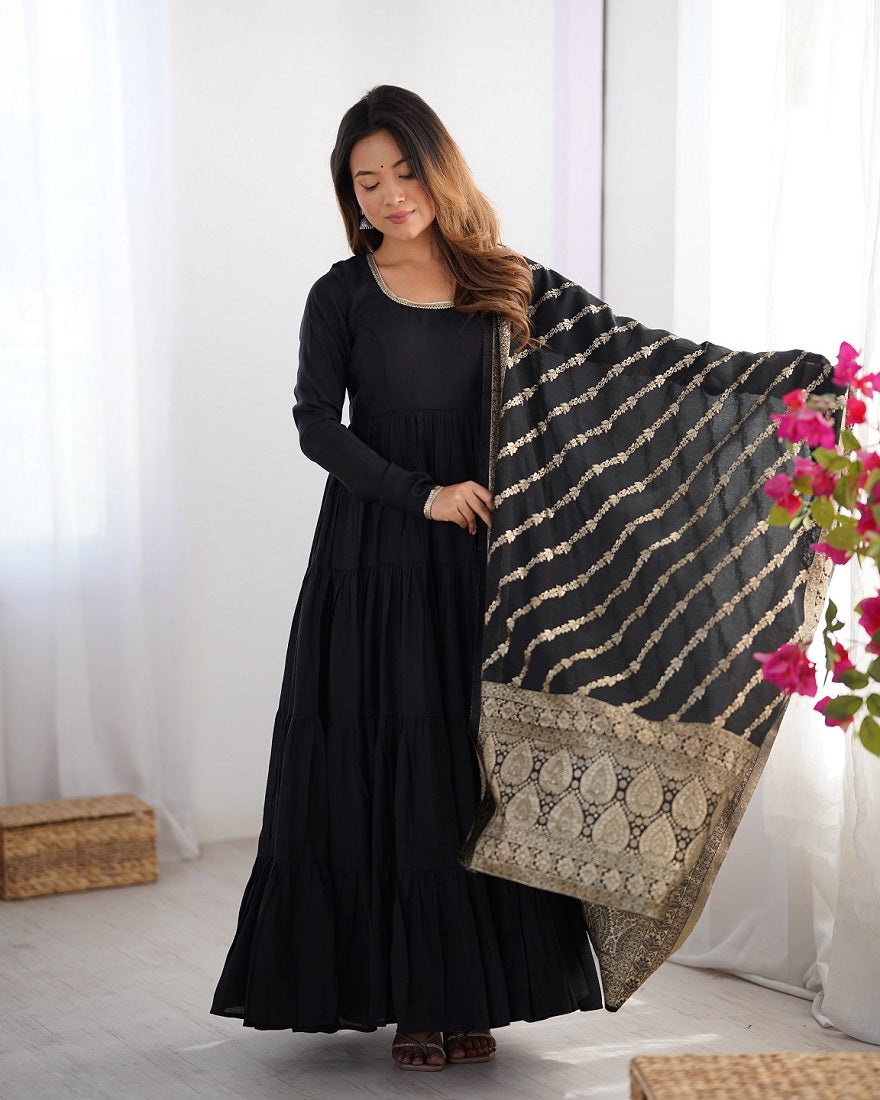 Evanik Black Pure Roman Silk Chanderi With Fully Flair Anarkali Pant With Dupatta | Grocsy