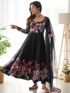 Evanik Black Soft Organza Silk With Floral Print Fully Flared Anarkali Pant With Dupatta Set | Grocsy