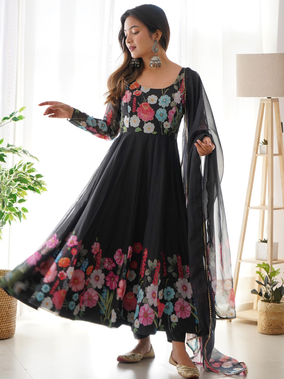 Evanik Black Soft Organza Silk With Floral Print Fully Flared Anarkali Pant With Dupatta Set | Grocsy