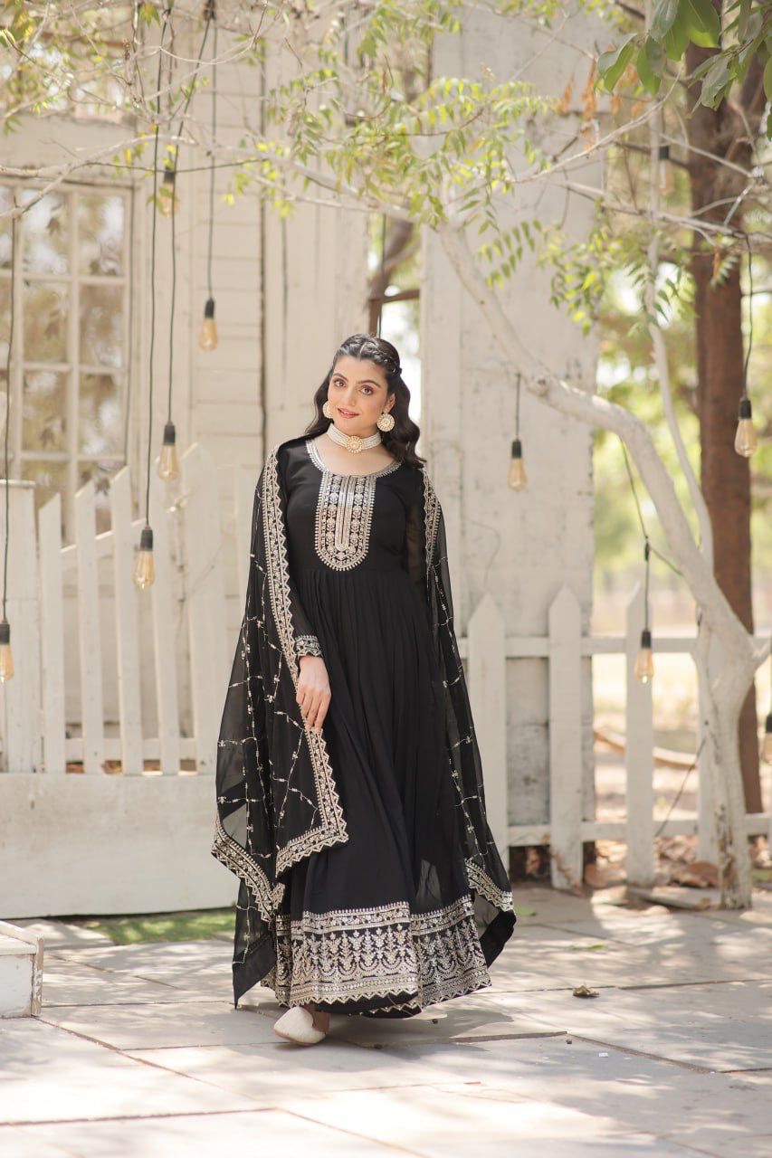 Evanik Black Faux Blooming Gown with Dupatta With Attractive Embroidered Sequins work | Grocsy