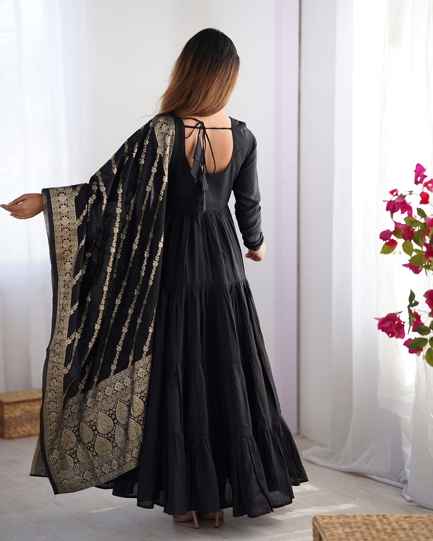 Evanik Black Pure Roman Silk Chanderi With Fully Flair Anarkali Pant With Dupatta | Grocsy
