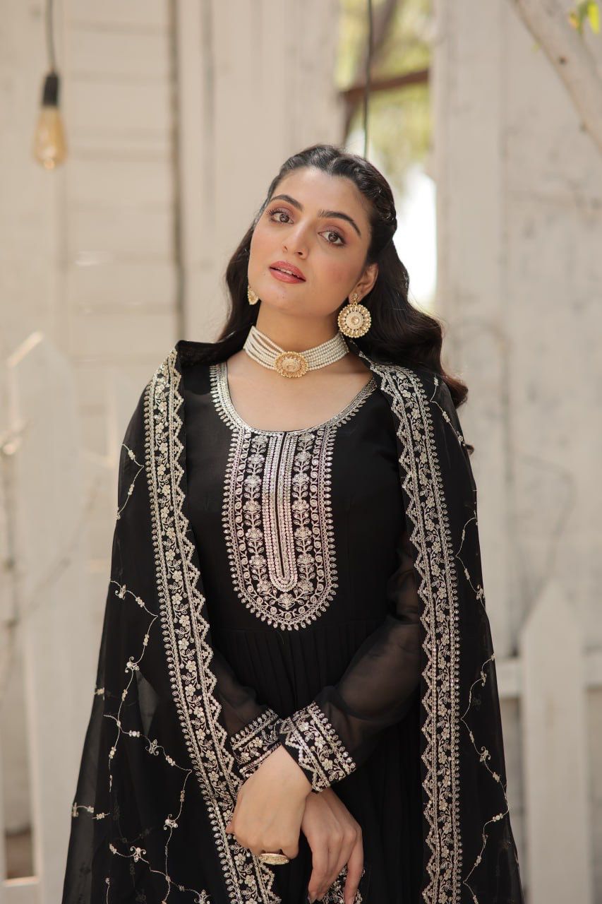 Evanik Black Faux Blooming Gown with Dupatta With Attractive Embroidered Sequins work | Grocsy