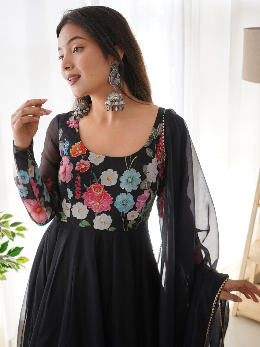 Evanik Black Soft Organza Silk With Floral Print Fully Flared Anarkali Pant With Dupatta Set | Grocsy