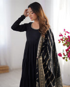 Evanik Black Pure Roman Silk Chanderi With Fully Flair Anarkali Pant With Dupatta | Grocsy