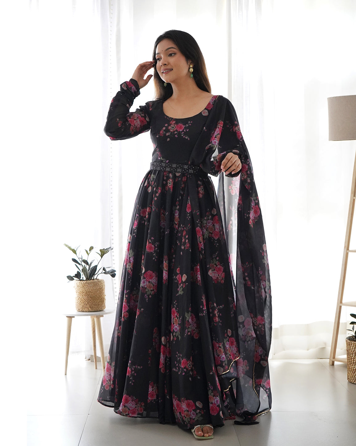 Lorenvalley Fashion Women Pure Soft Organza Silk Anarkali Kali Cut Gown With Pant Dupatta Set - Wine | Grocsy