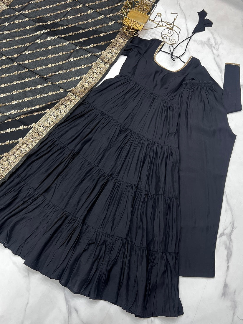 Evanik Black Pure Roman Silk Chanderi With Fully Flair Anarkali Pant With Dupatta | Grocsy