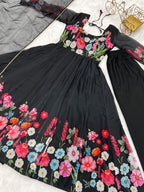 Evanik Black Soft Organza Silk With Floral Print Fully Flared Anarkali Pant With Dupatta Set | Grocsy