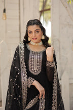 Evanik Black Faux Blooming Gown with Dupatta With Attractive Embroidered Sequins work | Grocsy