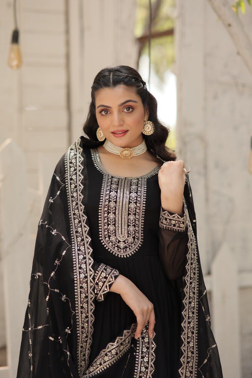 Evanik Black Faux Blooming Gown with Dupatta With Attractive Embroidered Sequins work | Grocsy