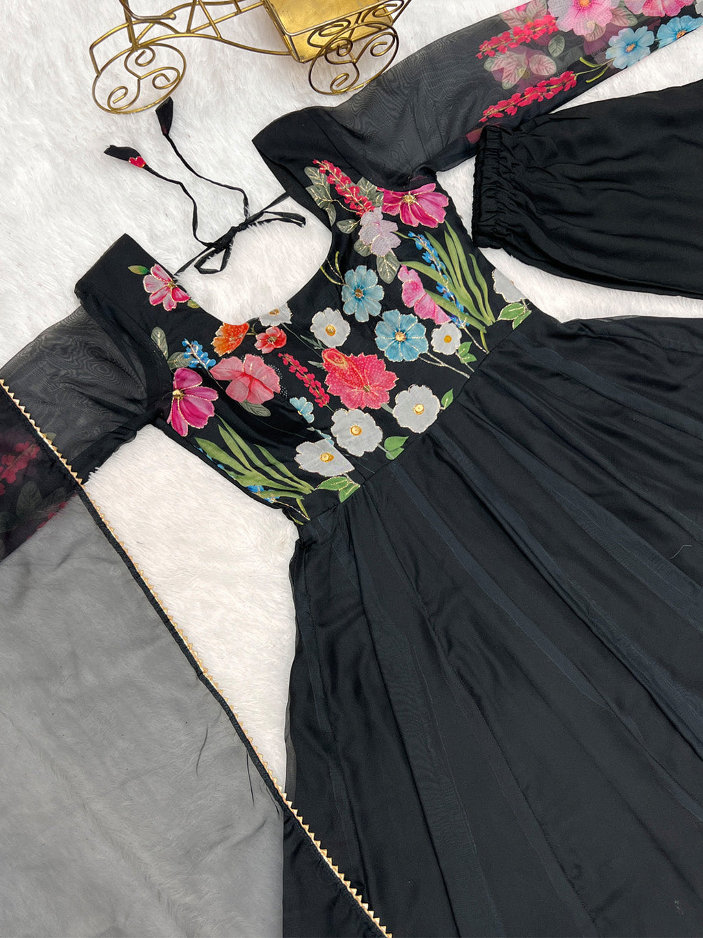 Evanik Black Soft Organza Silk With Floral Print Fully Flared Anarkali Pant With Dupatta Set | Grocsy