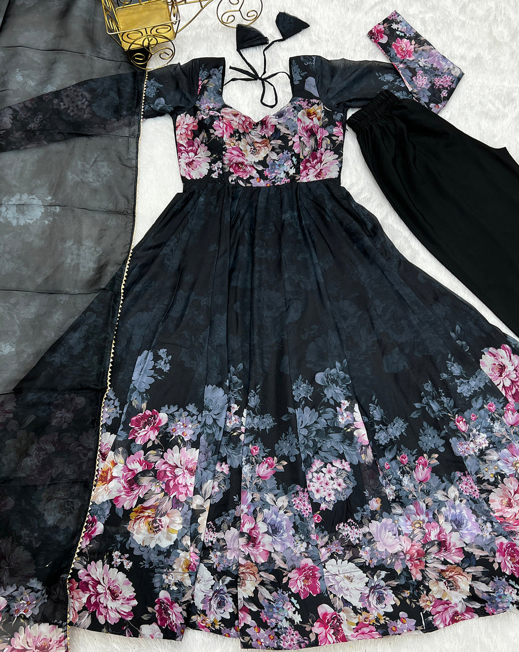Lorenvalley Fashion Women Pure Soft Organza Silk Floral Print Fully Flair Anarkali With Pent Dupatta Set - Black | Grocsy
