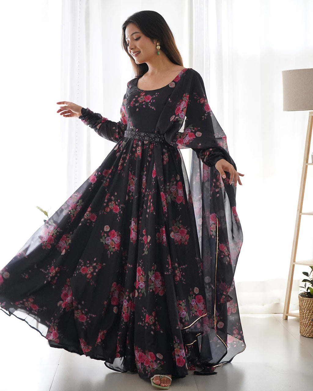 Lorenvalley Fashion Women Pure Soft Organza Silk Anarkali Kali Cut Gown With Pant Dupatta Set - Wine | Grocsy