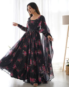 Lorenvalley Fashion Women Pure Soft Organza Silk Anarkali Kali Cut Gown With Pant Dupatta Set - Wine | Grocsy