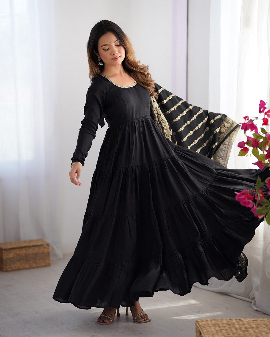 Evanik Black Pure Roman Silk Chanderi With Fully Flair Anarkali Pant With Dupatta | Grocsy